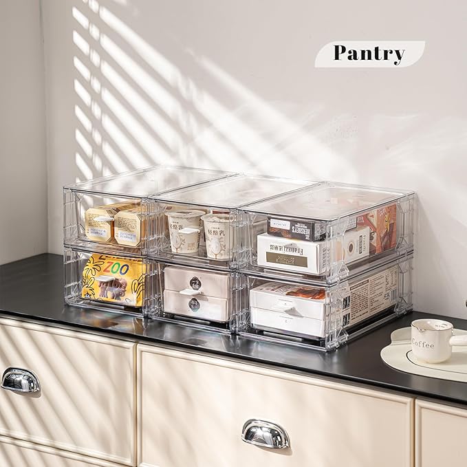 4 Pack Stackable Storage Drawers, Plastic Clear Organizer Bins with Handles for Undersink, Kitchen Cabinet, Fridge, Closet, Pantry, Office, Bathroom