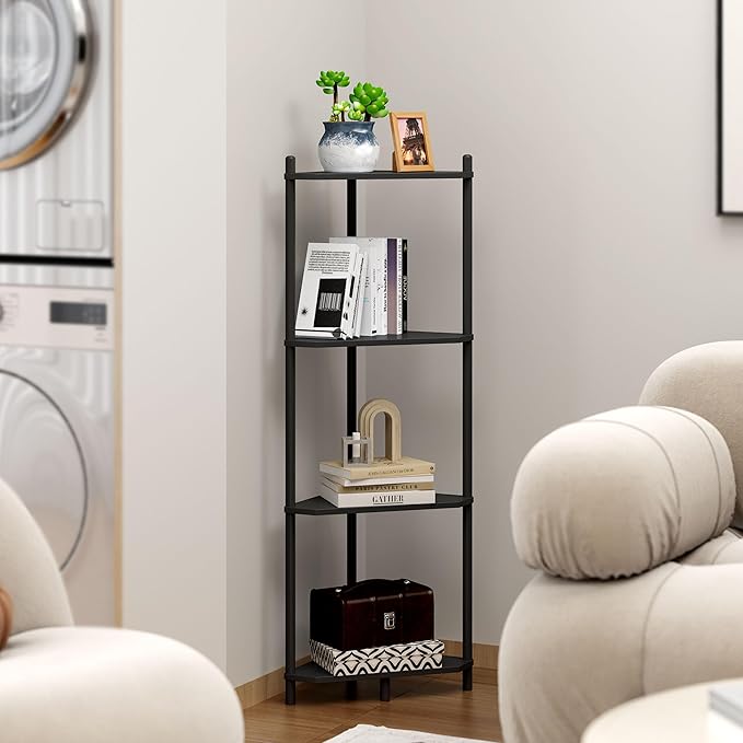 Corner Shelf Stand - 3 Tier Bamboo Small Corner Bookshelf for Office Kitchen Bedroom Plant Stand Living Room Decor Small Space (Black, 4 Tier)