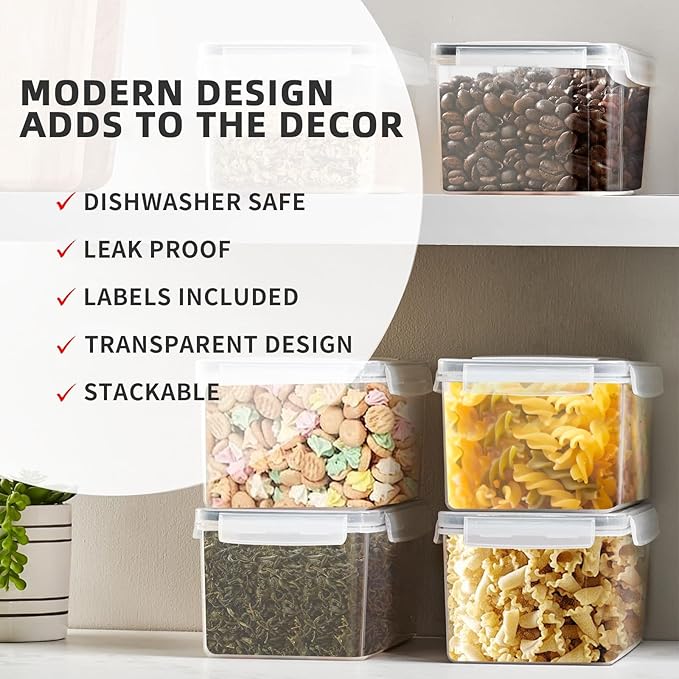 stusgo Airtight Food Storage Containers with Lids, BPA-Free Plastic Canisters for Pasta, Spaghetti & Kitchen Pantry Organization 4pcs (3.2L)