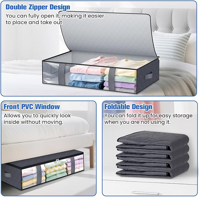 Under Bed Storage Containers, 4 Pack Blanket Storage Bags, Collapsible Storage Bags with Big Zippers, Clear Front, Shoe Storage and Organization for Clothes, Comforter, 60L, Grey