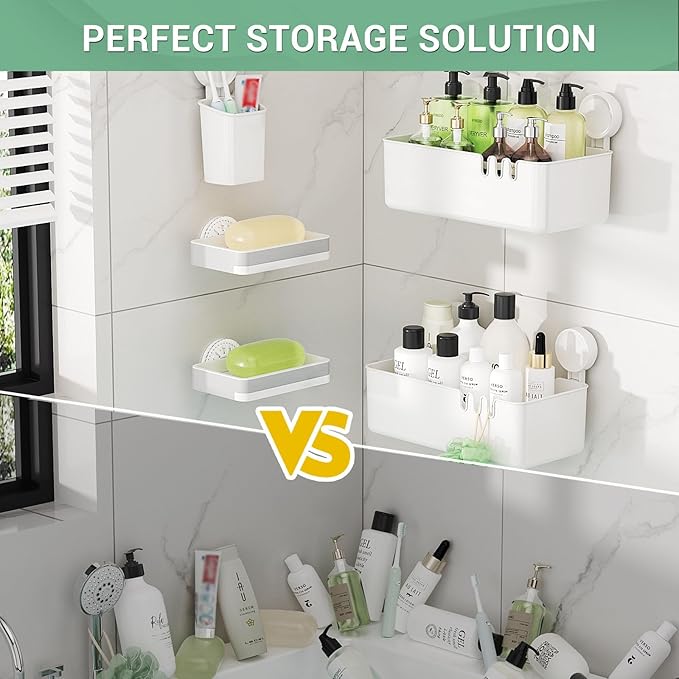 LUXEAR Shower Caddy 5 Pack Suction Cup Shower Organizer for Bathroom Storage Home &Kitchen,No Drilling Removable Plastic Shelf Organizer with Soap Dish&Toothbrush Holder Easy Install