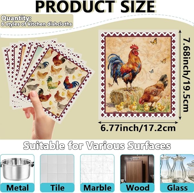 6Pcs 6 Styles Swedish Dish Cloths for Kitchen Reusable Quick Drying Sponge 7.7 x 6.8 Inch Rooster Chicken Dish Cloths Biodegradable Absorbent Towels for Home Office Countertop Tableware Use