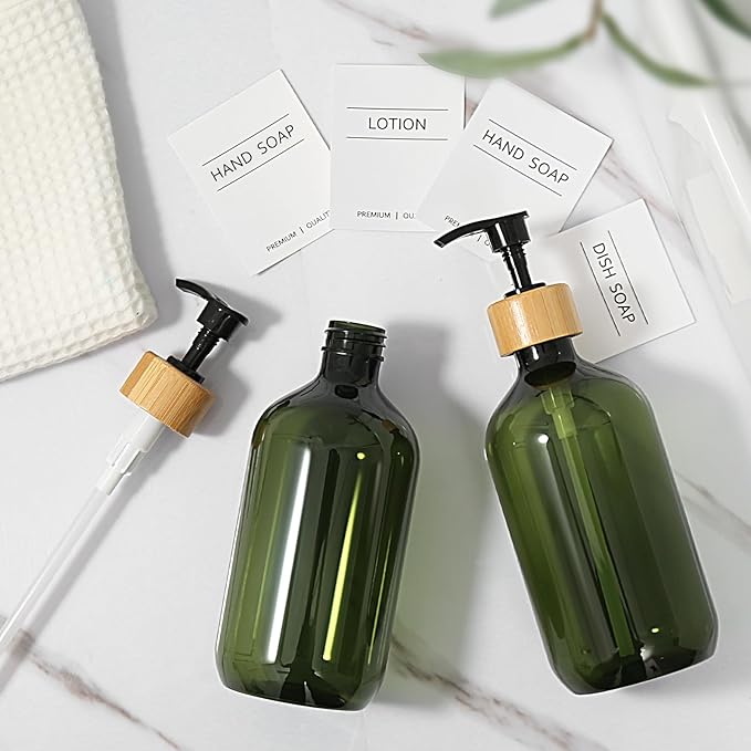 Green Soap Dispenser, Plastic Bathroom Soap and Lotion Dispenser Set with Bamboo Pump, 2 Pack 17 Fl Oz Hand and Dish Soap Dispensers Set for Bathroom, Refillable Liquid Soap Bottles