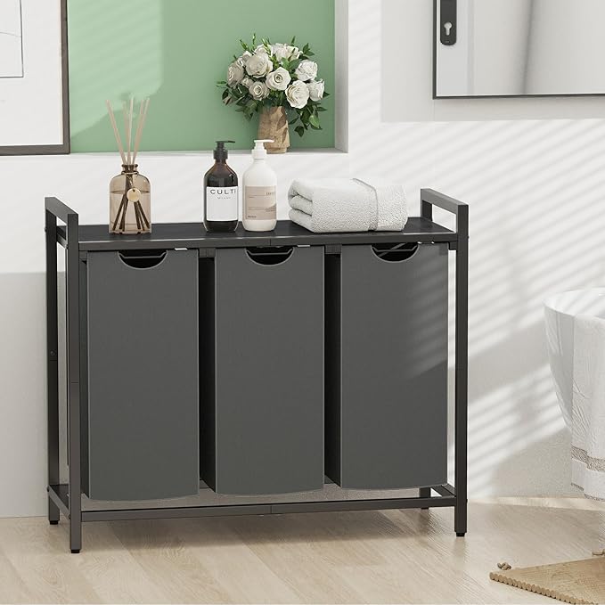 Laundry Hamper, Laundry Basket, Laundry Sorter with 2 Pull-Out and Removable Bags, Shelf, Laundry Room Storage with Table, for Bathroom, Bedroom, 3 x 10.5 Gal (40L), Grey