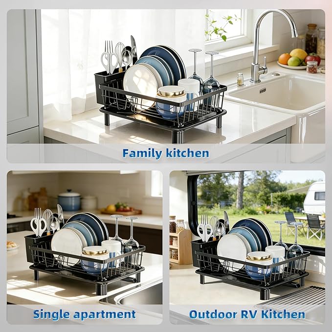 Dish Drying Rack, Stainless Steel Space-Saving Dish Rack, Dish Racks for Kitchen Counter, Kitchen Dish Drainers with Removable Utensil Holder,New Drain Outlet,Plate Rack and Drainboard, Black