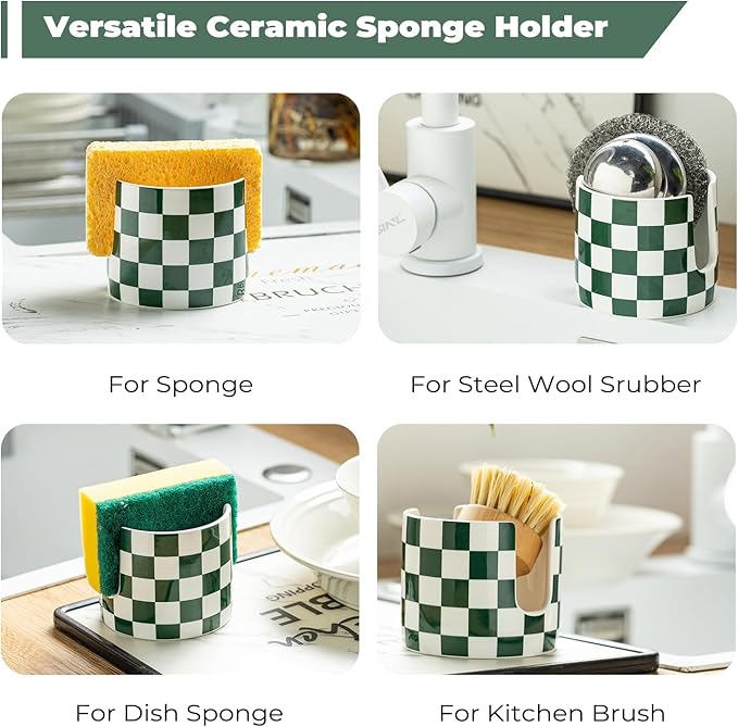 Ceramic Kitchen Sponge Holder, Dish Sponge Holder Suitable for Scrubby Farmhouse Dish Rack Brush Holder for Christmas Bathroom, Kitchen, Sink, Green and White