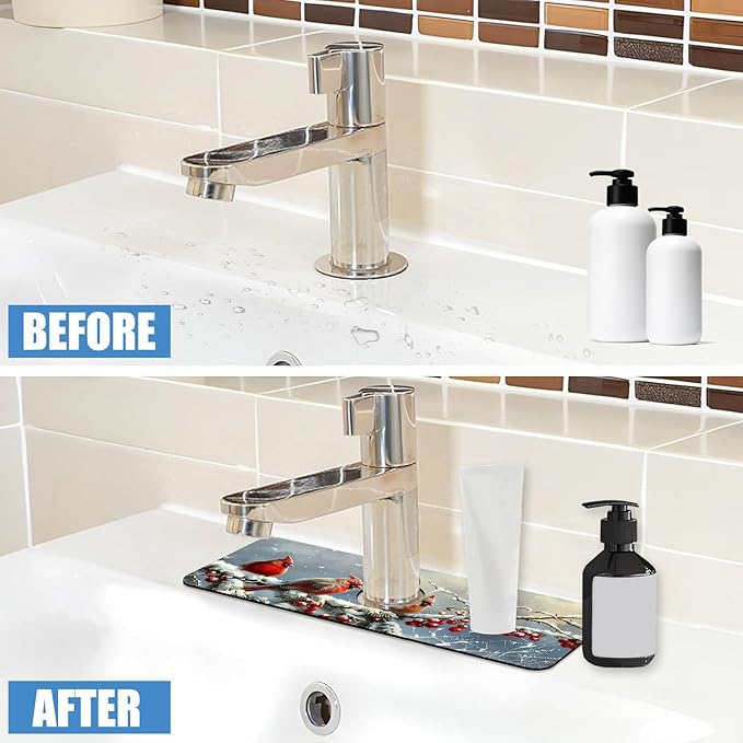 Chrismas Sink Splash Guard Faucet Mat Welcome Winter Absorbent Fast Drying Mat Sink Gadgets Splash Guard Behind Faucet Drip Catcher for Kitchen Bathroom 15.5"X5.5"