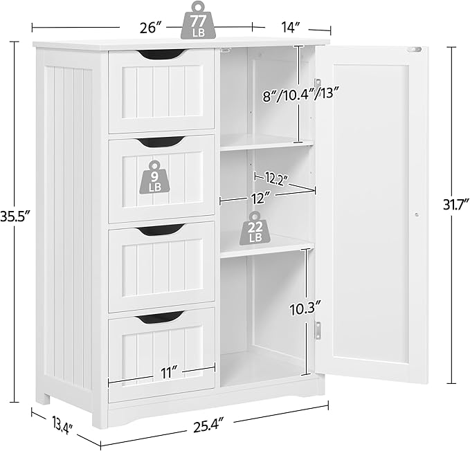Yaheetech Large Bathroom Floor Cabinet with 4 Dawers and Single Door Cabinet, Freestanding Storage Cabinet for Living Room Kitchen Hallway, White