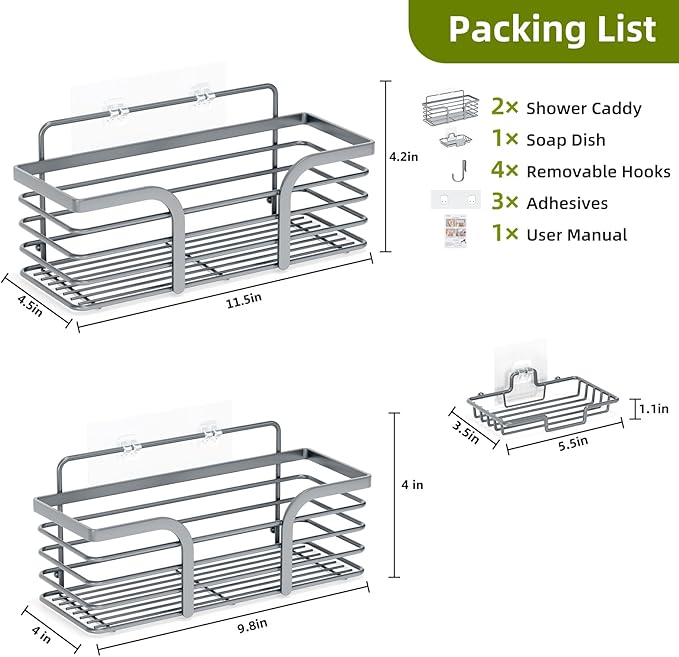 Yougai Shower Caddy, Shower Organizer with Soap Holder and Hooks, Rustproof Shower Shelves, No Drilling Bathroom Organizers and Storage, Wall-Mounted Kitchen & Home Decor (Light Gray)
