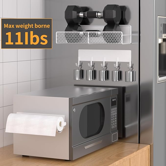 Magnetic Spice Rack for Refrigerator, 7 Pack 100% Metal Strong Magnet Shelves, Kitchen Spice Organizer W/ Hook Rack, Paper Towel Holder, Utensils Caddy, Home Laundry Room Storage Organization (White)