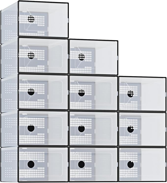 DUMOS Clear Shoe Storage Boxes, 12-Pack Plastic Stackable Shoe Containers with Lids, Display Sneaker Case Organizer for Closet, Under Bed, Entryway,Black (Fit Size 9)