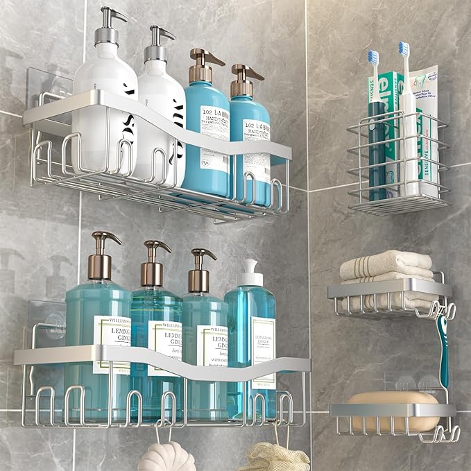 Adhesive Shower Caddy, No Drilling Bath Organizers 5 Pack, Rustproof Shelves with Soap Holder & Toothbrush Holder, Bathroom Organizers and Storage, Silver