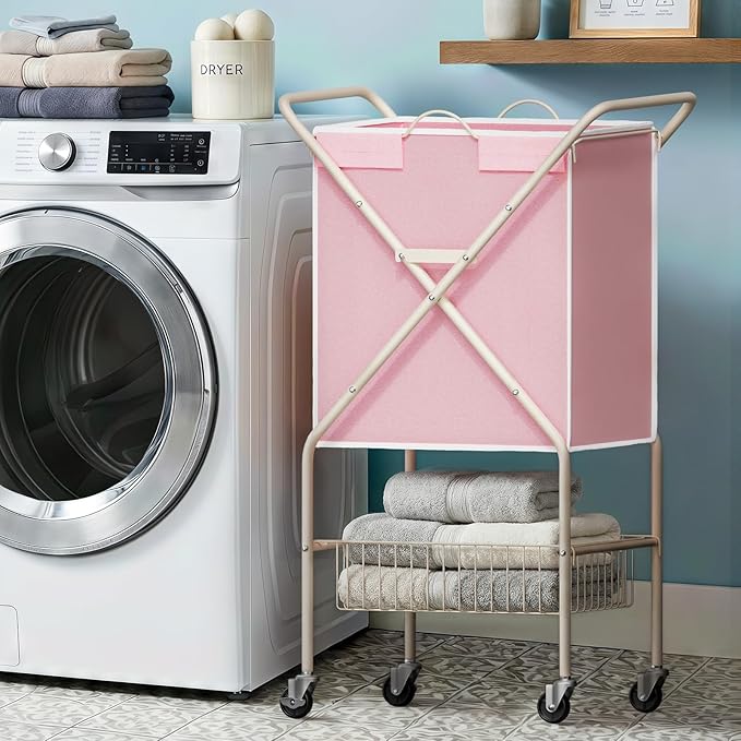 Convenient Laundry Basket with Wheels,36" High Easy Rolling Laundry Cart with Wheels,Heavy Duty Dirty Clothes Laundry Hamper with Handles Removable Bag for Seniors,Folding Metal Frame/Pink/98L