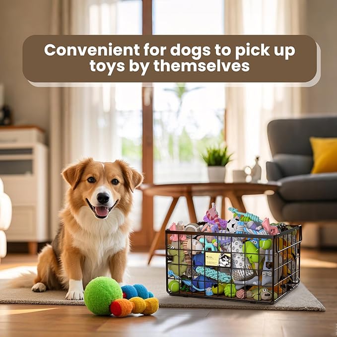 Metal Dog Toy Bin Storage Box with Handles for Puppy and Pet - Personalized Large Chew Proof Dog Toy Basket Organizer for Living Room