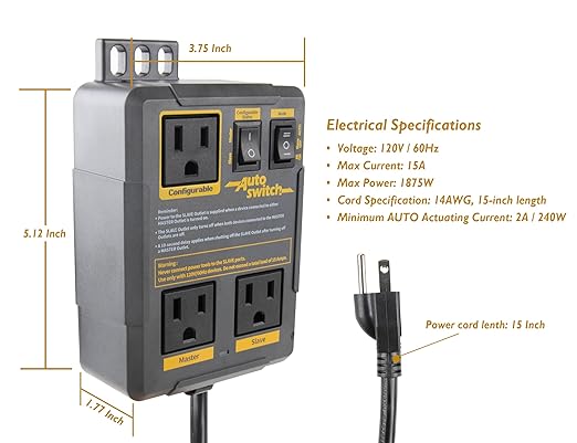 O'SKOOL Configurable Automatic Vacuum Switch for Power Tools with Dual Tool Outlets, Load-Sensing Delayed On/Off Dust Collector Controller for Cleaner Workshop and Reduced Airborne Dust, PTA029