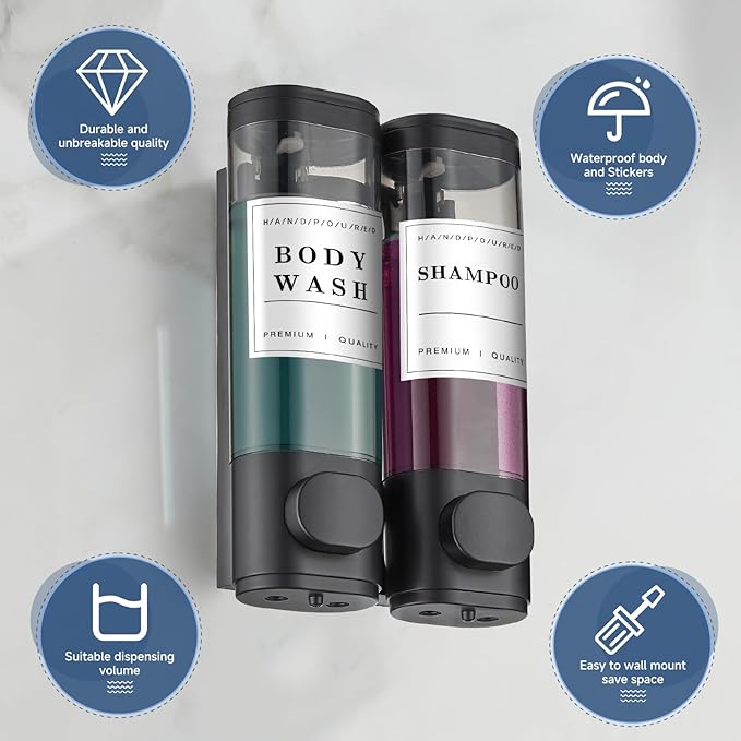 Shower Soap Dispenser Wall Mounted No Drill Shampoo Dispenser for Shower Wall Shampoo and Conditioner Dispenser Bathroom Hotel 2 * 300ml Black with Waterproof Labels