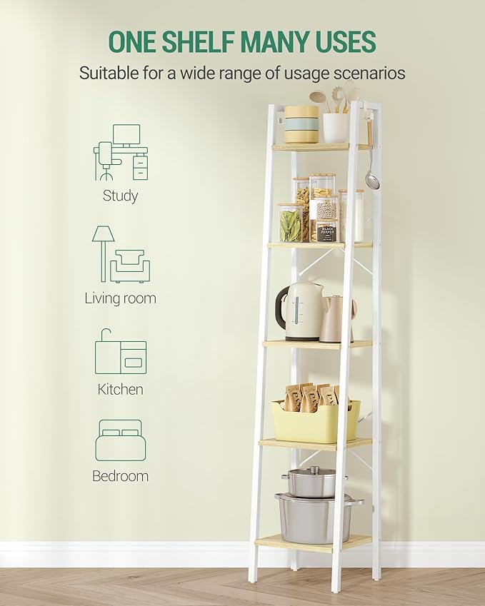 Ladder Shelf, Bookshelf Bookcase, Freestanding Corner Storage Shelve with 2 Hooks for Home Office, Living Room, Kitchen, Bedroom, Industrial, 11.8" D x 13.4" W x 63" H, White Oak and White