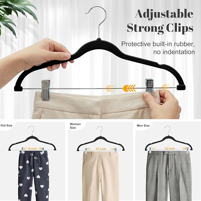 HOUSE DAY Velvet Skirt Hangers 36 Pack, Black Velvet Pant Hangers with Adjustable Clips, Space Saving Slim Shorts Hanger, Heavy Duty Non Slip Clip Hanger for Pants, Skirts, Shorts