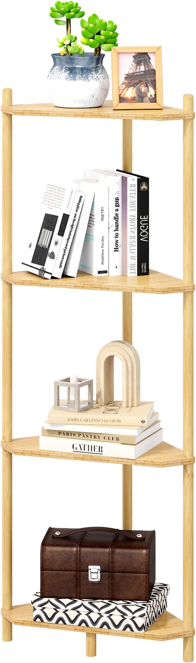 Corner Shelf Stand - 4 Tier Bamboo Small Corner Bookshelf for Office Kitchen Bedroom Plant Stand Living Room Decor Small Space (Natural, 4 Tier)