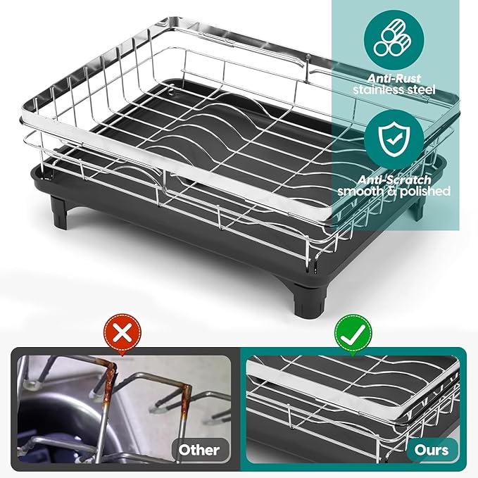 MERRYBOX Stainless Steel Dish Drying Rack, Expandable Dish Drainers for Kitchen Sink, Non-Slip & Durable - Sink Dish Rack with Large Cutlery Holder (Adjustable 15.4" to 23" cm)
