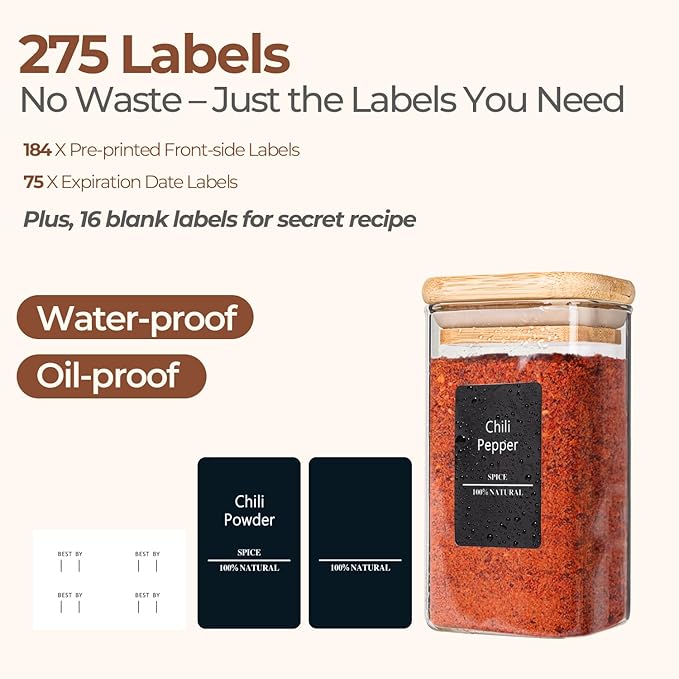 ComSaf 16Pcs Glass Spice Jars with Bamboo Lid, 10oz Airtight Square Containers with 275 Black Lables, Empty Seasoning Jars for Spice Salt Sugar