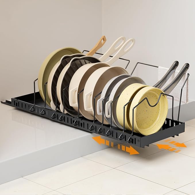 Pull-out Pots and Pans Organizer Under Cabinet - 1 Pack Expandable Pot and Pan Organizer Rack with 10 Adjustable Dividers for Pot, Cutting Board, Dishes, Lid, Baking Tray