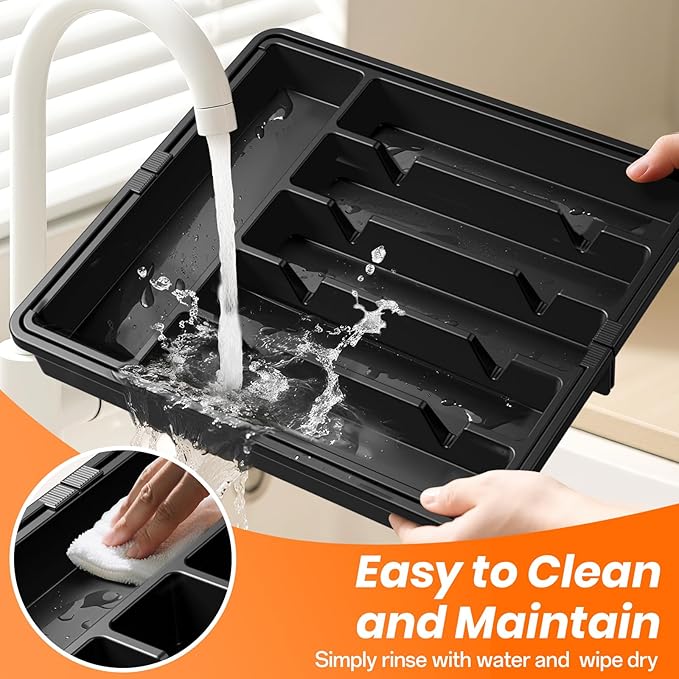 Large Silverware Organizer,Expandable Utensil Drawer Organizer,BPA Free Utensil Holder,Adjustable Silverware Tray Cutlery Drawer Organizer for Kitchen Flatware,Large,Black (6-8 Slots)