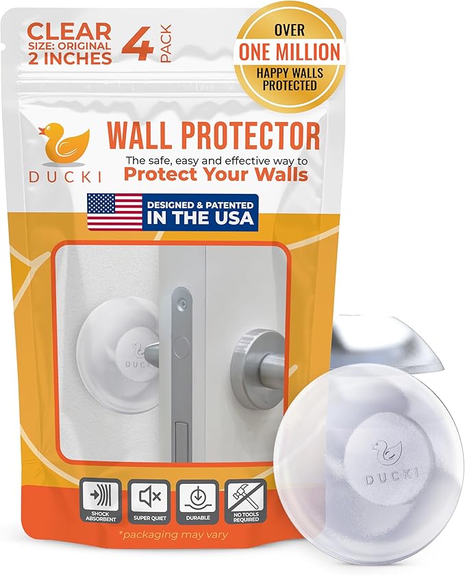 Ducki Door Wall Bumper Protector - Self Adhesive Stopping Shield Prevents Damage & Noise for Knob Handle, Refrigerators, Furniture Home or Office, Shock Absorbing, Discreet, Reusable - 4 Pack Clear