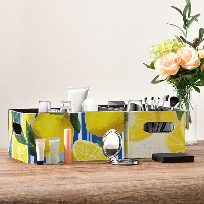 Closet Storage Bins 2 Pcs Felt Open Home Storage Containers Organizer with Handles Collapsible Shelf Basket for Home Office Craft Room Classroom Fabric Blue Stripe Lemon Dandelion Summer