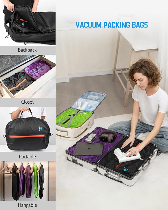 Zurligi Vacuum Compression Bags with Pump for Travel – IPX8 Waterproof Vacuum Packing Cubes, Reusable Carry-On Bags for Clothes, Suitcase & Backpack(2-Pack, Purple)