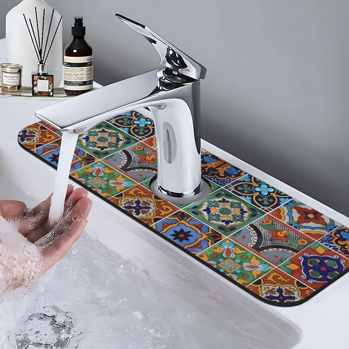 Faucet Draining Mat For Kitchen Sink, Talavera Mexican Tiles Diatom Mud Absorbent Drain Pad For Bathroom Kitchen Sink Splash Guard Drying Mat