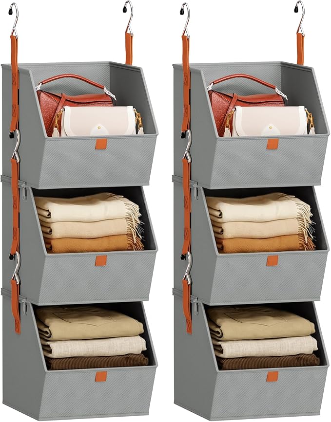 Collapsible Hanging Closet Organizer - 6 Tier Closet Shelves Storage System with Hooks, Fabric Hanging Storage Bins for Clothes, Foldable Storage Basket for Laundry, Bedroom, Rv, Grey