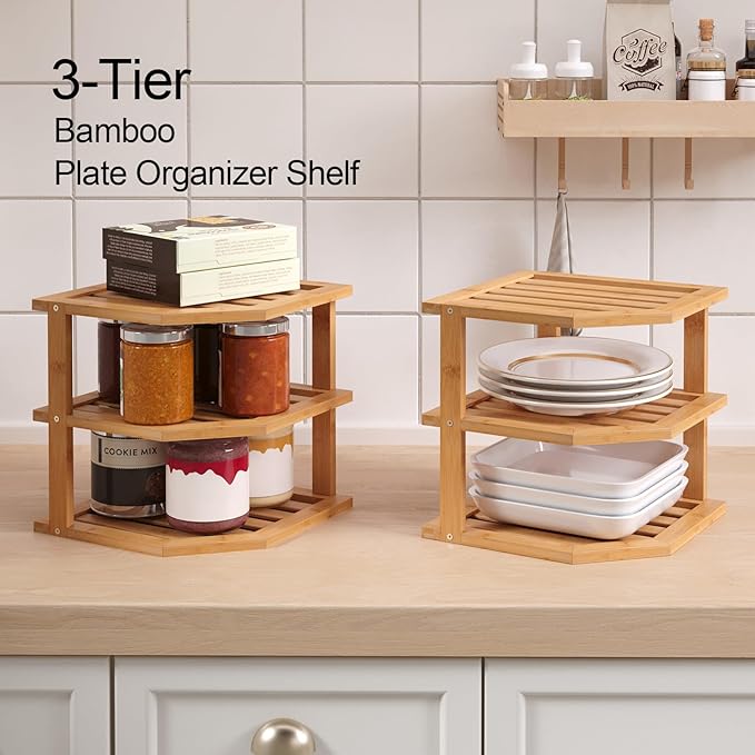 3 Tier Bamboo Corner Shelf(2 Pack),Dish Drying Rack,Plate Organizer,Kitchen Spice Rack for Countertop and Cabinet