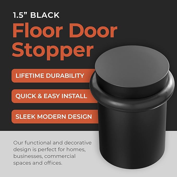 NYCO - Floor Door Stopper Chrome Door Stop - Classy Solid Steel Modern Heavy Duty Door Stoppers - Floor Mount Anchor Screw - Wall Protector for Commercial Door (1.5 Inch Black Finish)