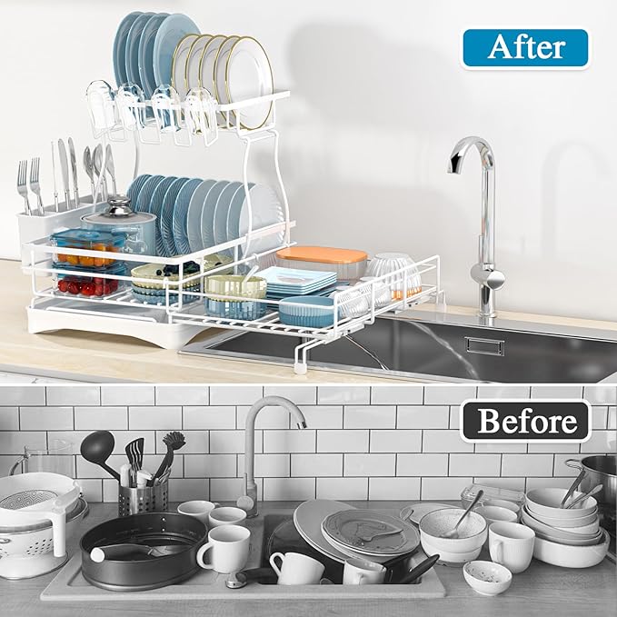 2 Tier Dish Drying Rack, Large Extendable Dish Racks for Kitchen Counter or Over Sink, Dishrack with Drainboard, 2-in-1 Anti-Rust Stainless Steel Dish Drainer with Utensil Holder & Cup Holder (white)