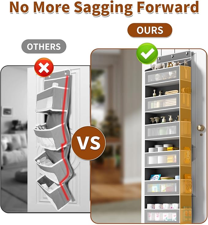 Over The Door Organizer with 6 Large Pockets, Over the Door Storage 12 Side Pockets, Hanging Door Organzier 44 lb Load Behind Door Storage Hanging Shelf for Closet Wall Bathroom Nursery, 6-Tier Grey