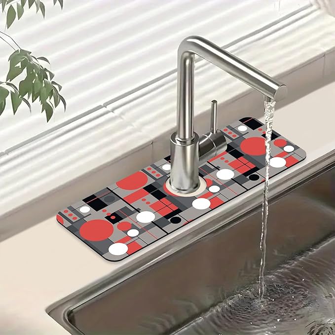 Abstract Geometric Sink Faucet Absorbing Mat Vintage Tile Super Absorbent Fast Drying Mat Sink Gadgets Behind Faucet Sinkmat for Kitchen Bathroom, 15.5"x5.5"
