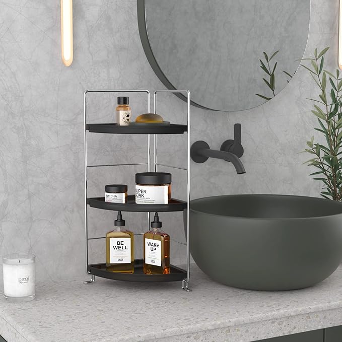 3-Tier Corner Bathroom Sink Countertop Organizer Storage Shelf Stackable Organizer for Cosmetics, Bathroom, Kitchen, Counter-Kitchen Spice Rack-Vanity Tray Makeup Shelf Holder,Black