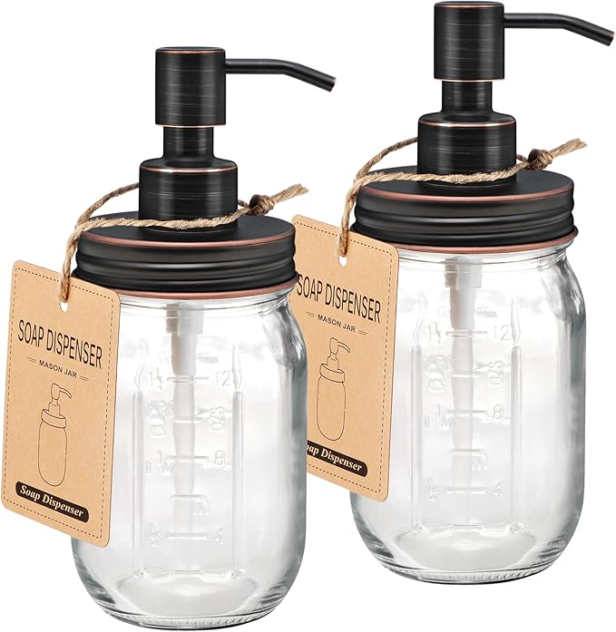 Amolliar Mason Jar Liquid Soap Dispenser, Rustproof Stainless Steel Replacement Pump Lid, Cute Farmhouse Decor for Kitchen, Bathroom, Refillable Hand Soap, Dish Soap, Lotion Soap, Rubbed Bronze-2 Pack