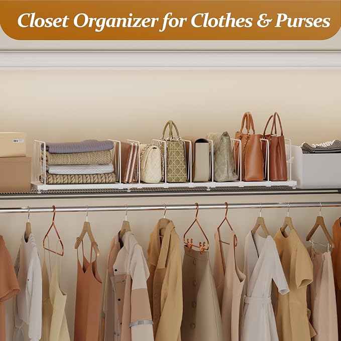 11-Pack Adjustable Shelf Dividers, Expandable Purse Organizer for Closet (32–44.8"), Purse Storage Handbag Organizer for Closet Shoe Cabinet，White