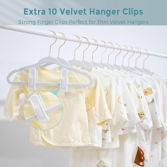 Baby Hangers Velvet - 11 Inch Baby Felt Hangers Non Slip for Toddler - Kids Hanger for Infant Clothes - 30 Pack with 10 Hanger Finger Clips, White