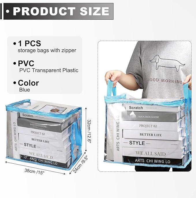 PATIKIL 15x9.5x12.6in Clear Storage Bags, Plastic Storage Bags Clear Small Zippered Organizers Foldable Closet Bed Sheet Organizer Cube with Zipper Handles for Book Clothes Yarn,L, Blue