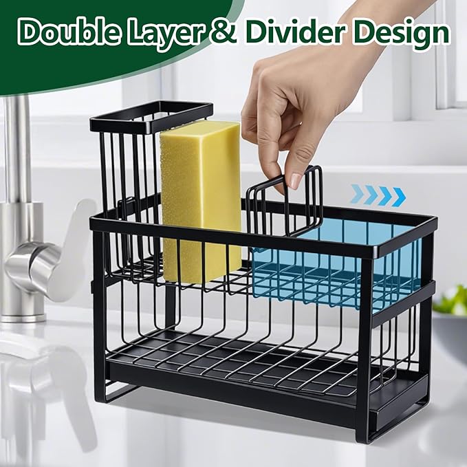 Sponge Holder for Kitchen Sink Organizer Caddy, 2 Tier Dish Brush Scrubber Holder, Stainless Steel Sink Box Utensil Holder, Rustproof Stainless Steel Dish Soap Storage Rack Set for Accessories