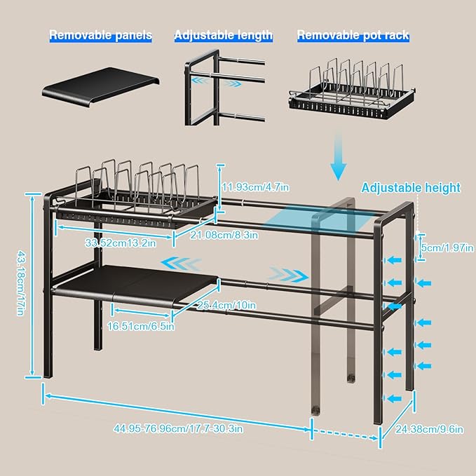 Pots and Pans Organizer Under Cabinet, Expandable 2 Tier Under Sink Organizers and Storage Adjustable Height Kitchen Pot and Pan Lid Holder Rack with 6 Dividers(6panels,1 Pot rack, Black)
