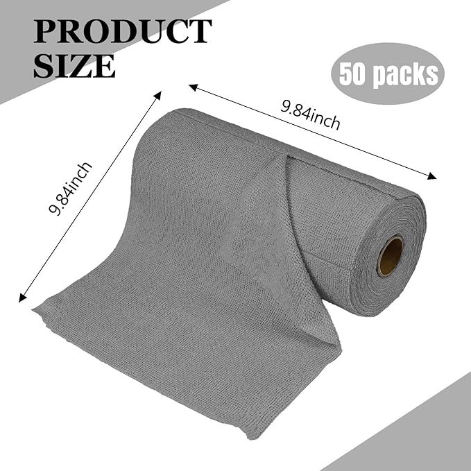 wuyaoyao 50PCS Microfiber Cleaning Cloth Roll, 10"×10" Tear Away Microfiber Towels, Reusable Washable Cloth Paper Towels, Multi-Purpose Cleaning Rags for Car Home Kitchen Garage Shop (Gray)