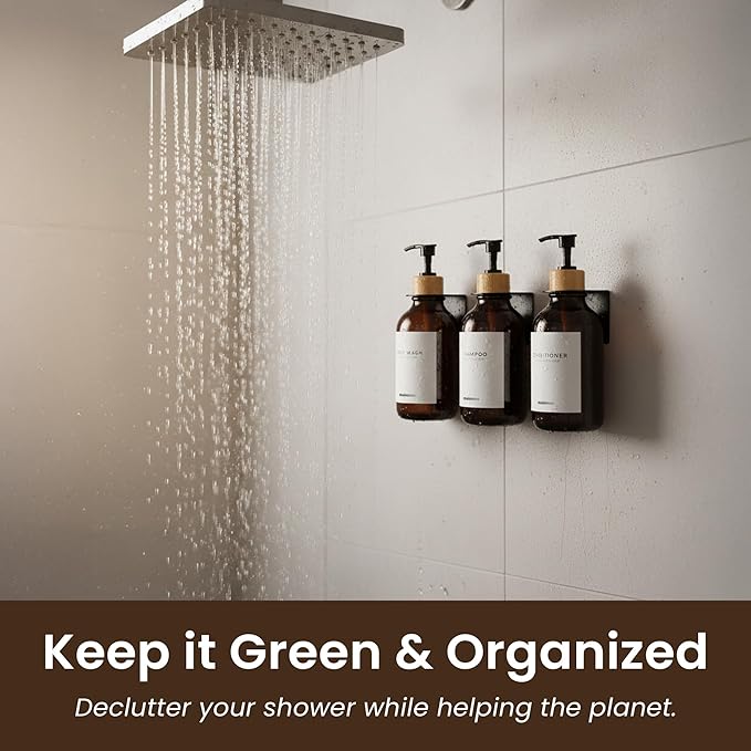 MaisoNovo Shampoo and Conditioner Dispenser - Shower Soap Dispenser Wall Mounted - 16.9 fl oz Set of 3 Amber Plastic Bottles Black Bamboo Pump - Shampoo Dispenser, Shower Dispenser 3 Chamber No Drill