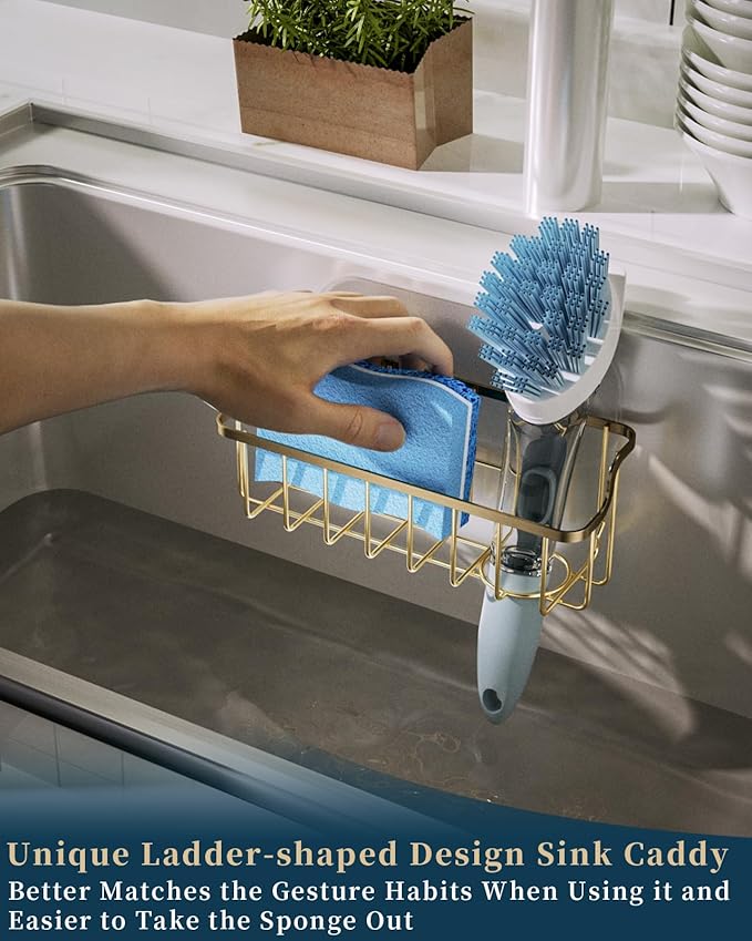 Consumest Sponge Holder Sink Caddy - Ladder Shaped Sponge Holder for Kitchen Sink with 2 Installation Ways (Suction Cups & Adhesive Hook), Rustproof Stainless Steel Kitchen Organizer, Gold