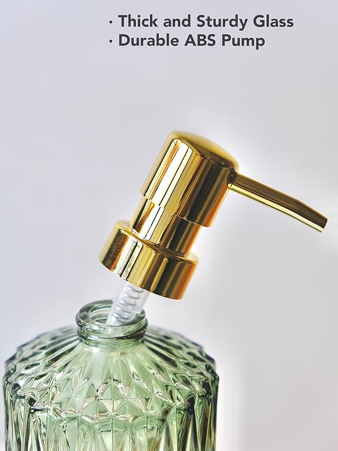 Green Glass Soap Dispenser with Gold Rust Proof Pump, Refillable Clear Glass Kitchen Soap Dispenser, Lotion Dispenser Bathroom for Hands Soap, Dish Soap, Body Wash (Green)