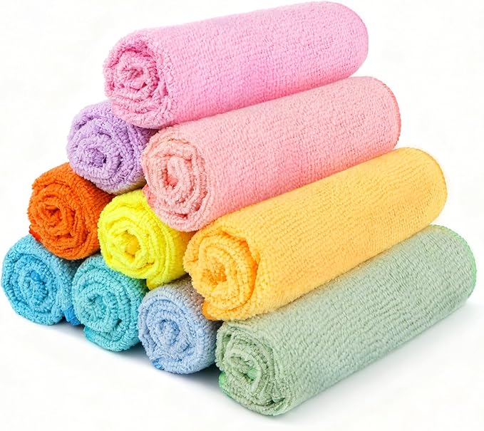 Orighty Washcloths Towels Set 10 Pack, Highly Absorbent and Soft Feel Microfiber Face Cloths, Multi-Purpose Wash Cloths & Hand Towels for Bathroom, Hotel, Spa, and Gym, 11.5x11.5 Inch, Multicolor