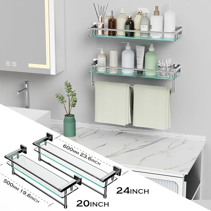 SFGSOWOR 24 Inches Floating Glass Shelves for Wall with Towel Bar/Track, SUS 304 Stainless Steel Railing Tempered Glass Shelf, for Toilet, Room Decor Modern (Chrome Polished, 24-inch)